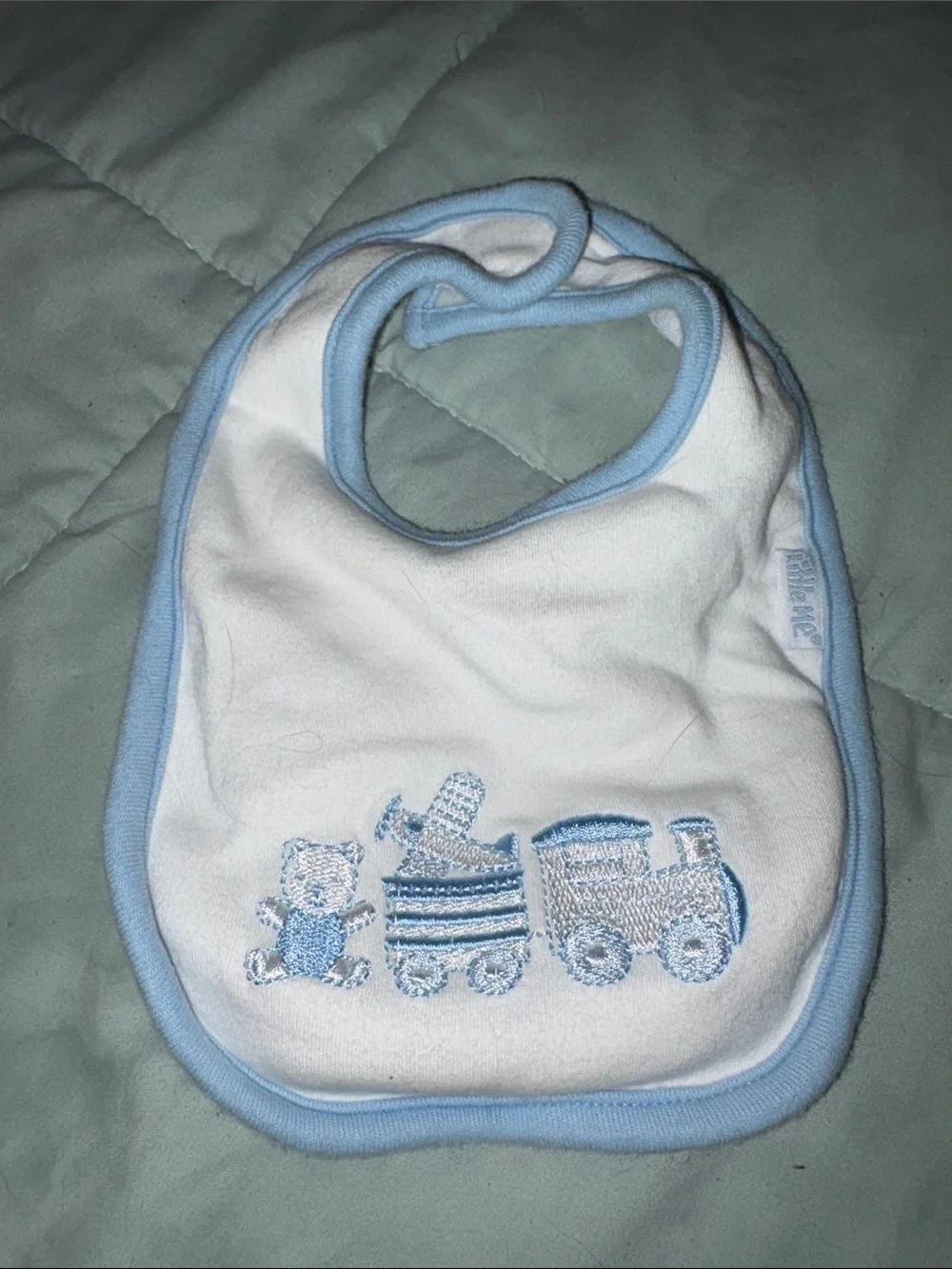 Blue & White Baby Bib with Train Embroidery